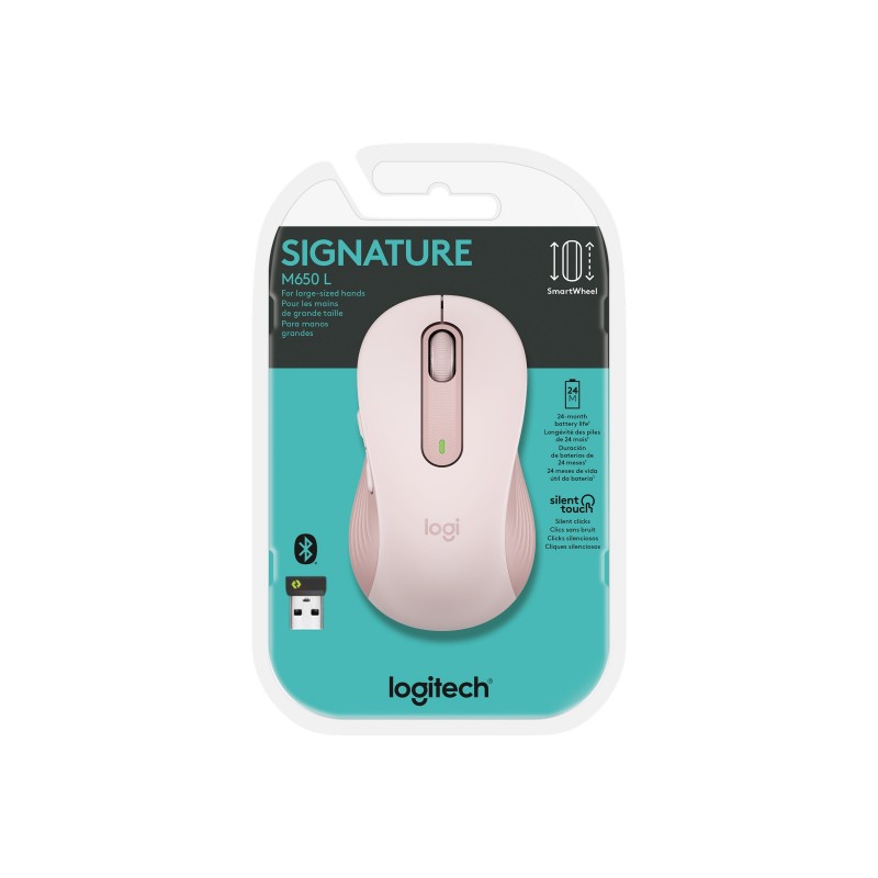 LOGITECH Signature M650 L Mouse large size optical 5 buttons wireless Bluetooth 2.4 GHz Bolt USB receiver rose