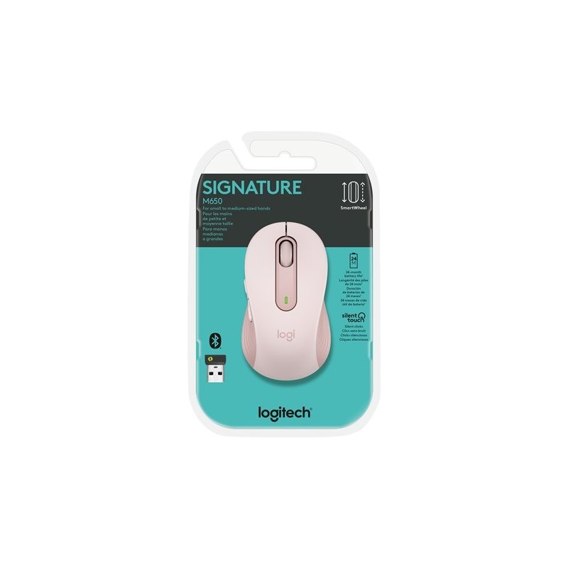 LOGITECH Signature M650 Mouse optical 5 buttons wireless Bluetooth 2.4 GHz Bolt USB receiver rose LOGITECH Signature M650 Mouse optical 5 buttons wireless Bluetooth 2.4 GHz Bolt USB receiver rose