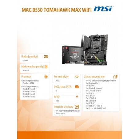 Płyta główna MAG B550 TOMAHAWK MAX WIFI AM4 4DDR4 HDMI/DP 2M.2 ATX Płyta główna MAG B550 TOMAHAWK MAX WIFI AM4 4DDR4 HDMI/DP 2M.2 ATX