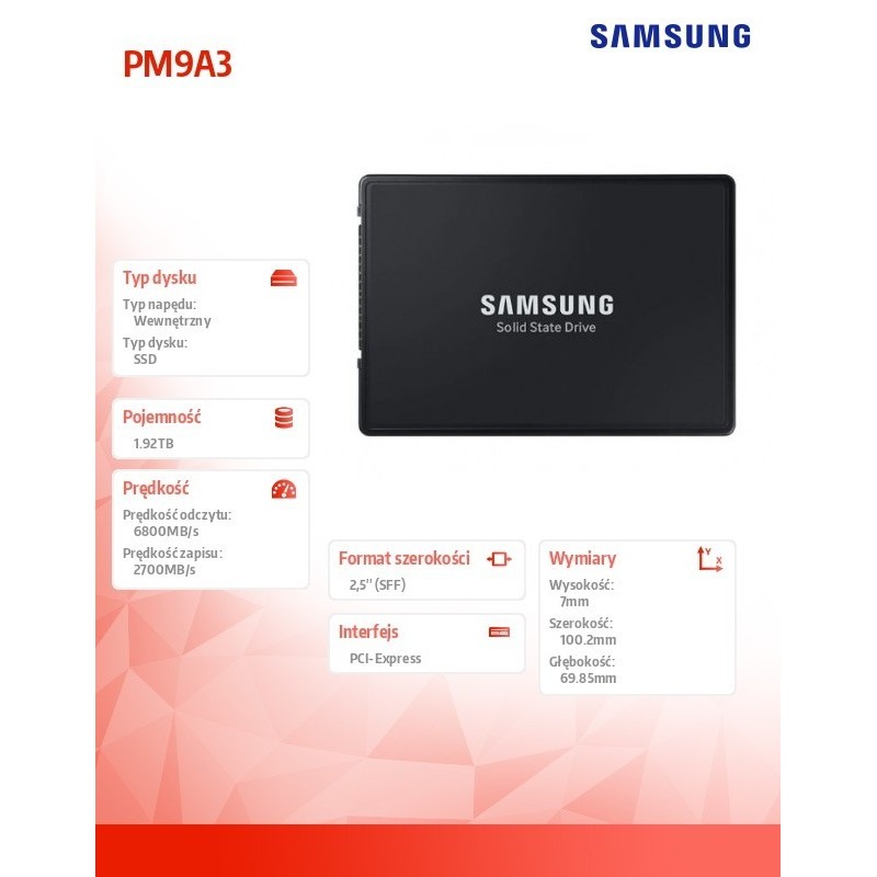 Dysk SSD PM9A3 U.2DCT 1920GB MZQL21T9HCJR-00W07 NVMe 