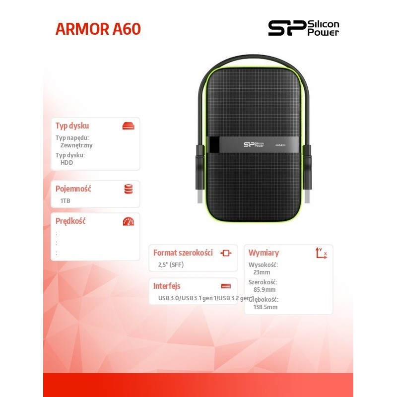 ARMOR A60 1TB USB 3.0 BLACK PANCERNY wstrząso/pyło i wodoodporny 