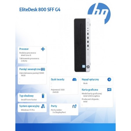 Komputer poleasingowy EliteDesk 800 G4 SFF Core i5 8400 (8-gen.) 3,2 GHz (6 rdzeni) / 16 GB / SSD 240GB / Win 11 Prof. 