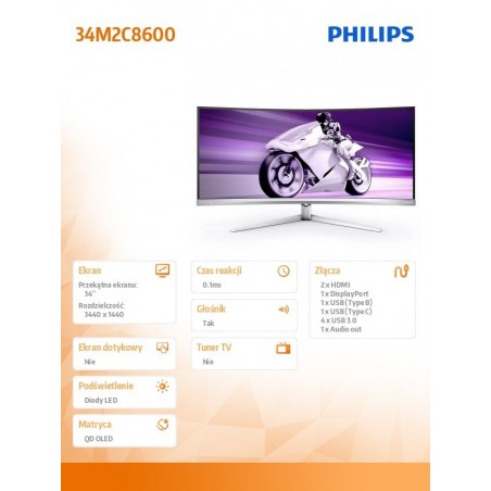 Monitor 34 cale Evnia 34M2C8600 Curved QD OLED HDMIx2 DP USB-C HDR HAS Ambiglow Monitor 34 cale Evnia 34M2C8600 Curved QD OLED HDMIx2 DP USB-C HDR HAS Ambiglow