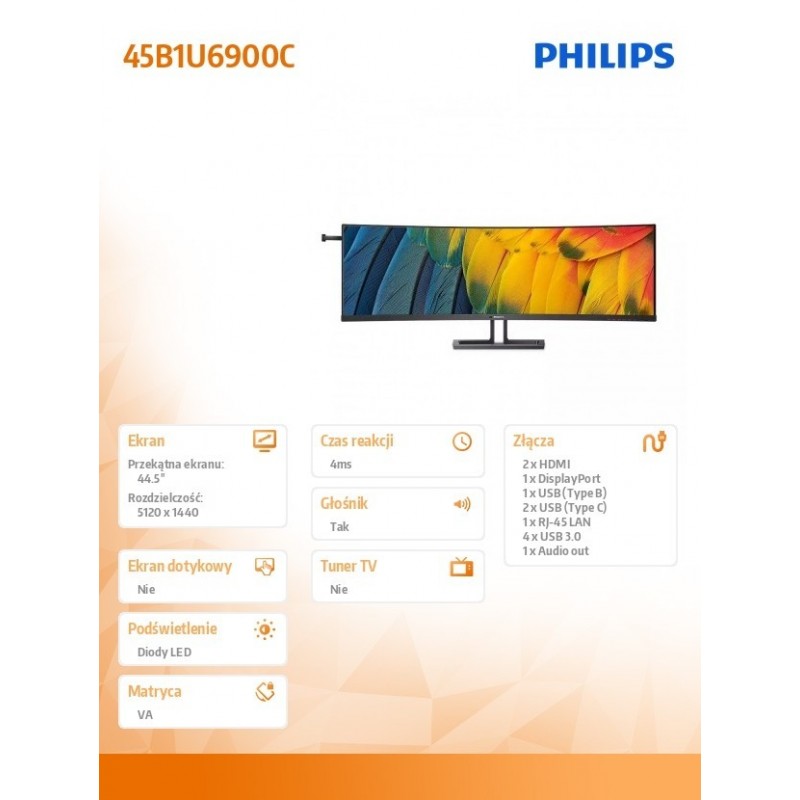 Monitor 45 cali 45B1U6900C VA Curved HDMIx2 DP USB-C  HDR KVR HAS Głośniki