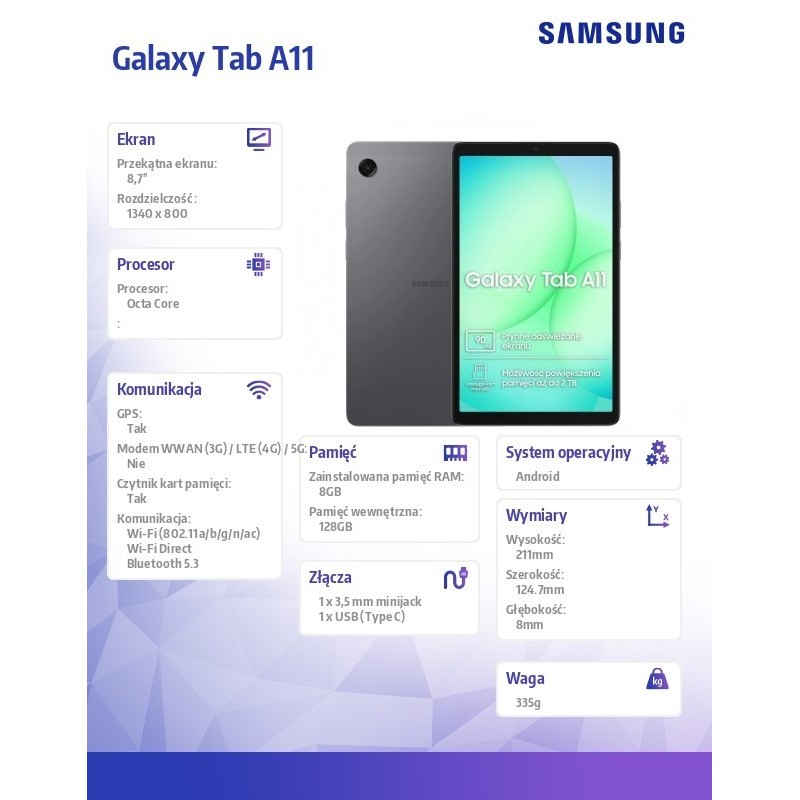 Tablet Galaxy Tab A11 X130 8.7 cala 8/128 GB Wi-fi Szary