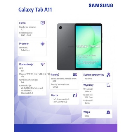 Tablet Galaxy Tab A11 X130 8.7 cala 8/128 GB Wi-fi Szary