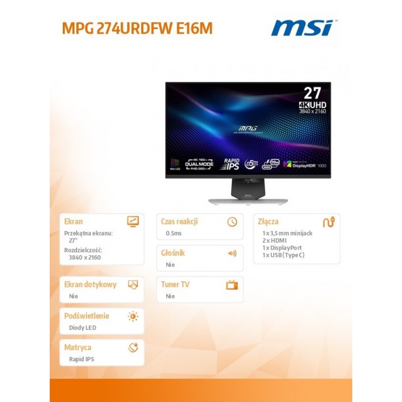 Monitor MPG 274URDFW E16M 27 cali/FHD/320Hz/DualMode/White/PIVOT 