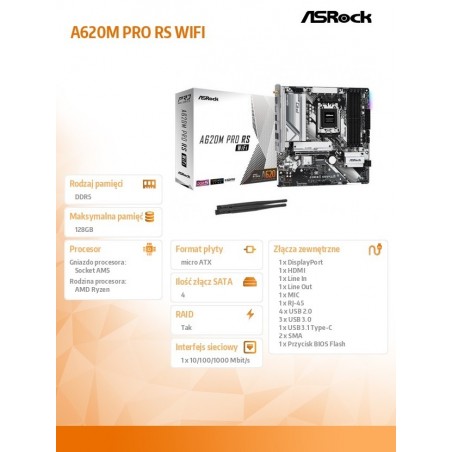 Płyta główna A620M PRO RS WIFI AM5 4DDR5 HDMI/DP M.2 mATX Płyta główna A620M PRO RS WIFI AM5 4DDR5 HDMI/DP M.2 mATX