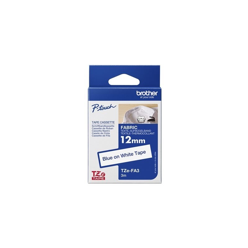 BROTHER TZEFA3 Tape Brother 12mm BLUE ON white fabric