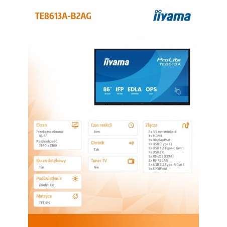 Monitor interaktywny 86 cali TE8613A-B2AG INFRARED,40pkt,IPS,4K,7H,500cd/m2,      WiFi,USB, ANDROID 14, Google EDLA,2x20W, UCHWY