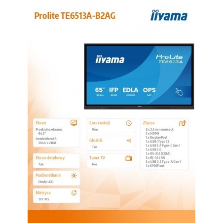 Monitor interaktywny 65 cali TE6513A-B2AG INFRARED,40pkt,IPS,4K,7H,500cd/m2,      WiFi,USB, ANDROID 14, Google EDLA,2x20W, UCHWY