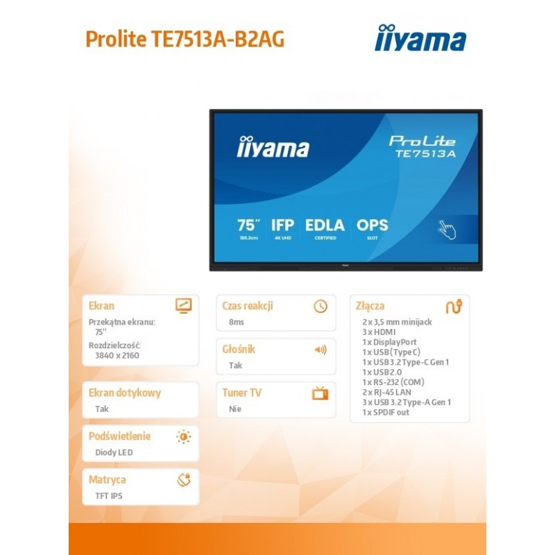 Monitor interaktywny 75 cali TE7513A-B2AG INFRARED,40pkt,IPS,4K,7H,500cd/m2,      WiFi,USB, ANDROID 14, Google EDLA,2x20W, UCHWY