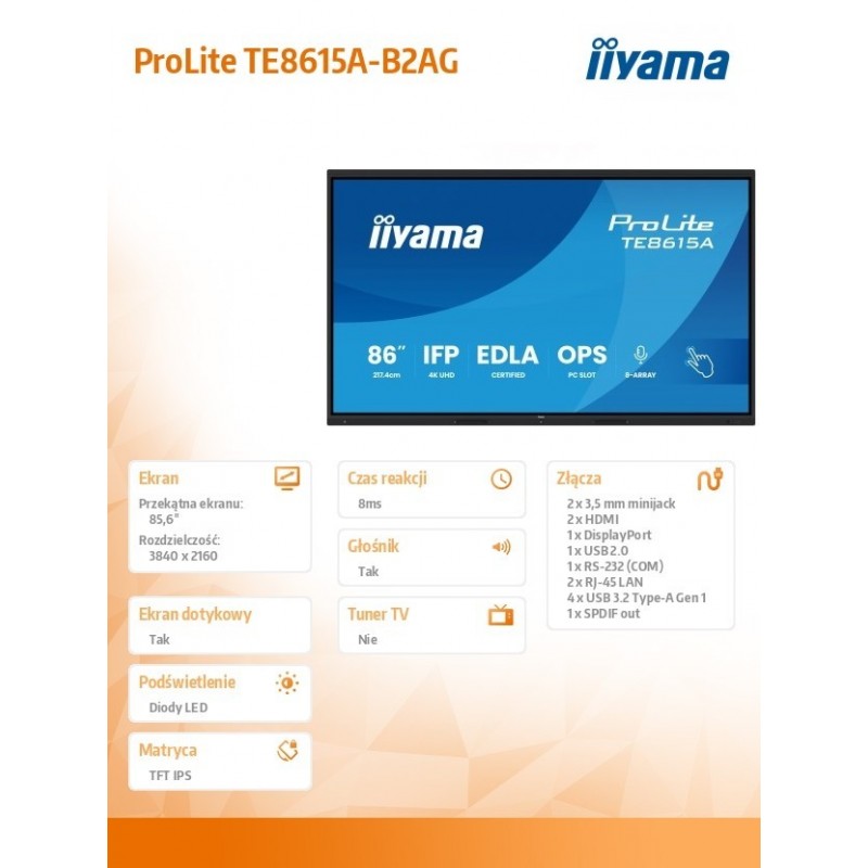 Monitor interaktywny 86 cali TE8615A-B2AG IPS,4K,40pkt,550cd,DeepContrast-IR+,    HDMI x2,DP,USB-C, 2 x 20W, OPS Slot x1, 5xUSB,