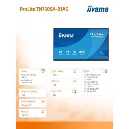 Monitor 75 cali TN7505A-B1AG IPS,4K,40pkt,500cd,nonOS,1200:1,5ms,    DeepContrast-IR+, 1xVGA,2xHDMI,DP,USB-C(PD65W),2xRJ45,2x20W