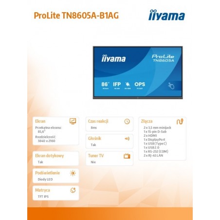 Monitor 86 cali TN8605A-B1AG IPS,4K,40pkt,500cd,nonOS,1200:1,5ms,    DeepContrast-IR+, 1xVGA,2xHDMI,DP,USB-C(PD65W),2xRJ45,2x20W