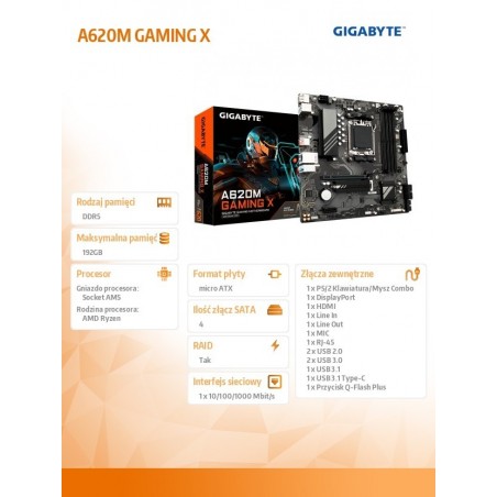 Płyta główna A620M GAMING X AM5 4DDR5 HDMI/DP M.2 mATX Płyta główna A620M GAMING X AM5 4DDR5 HDMI/DP M.2 mATX