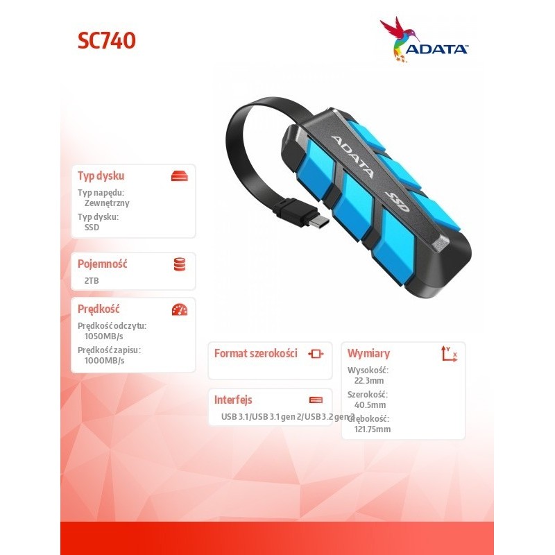 Dysk zewnętrzny SSD SC740 2TB U3.2C 1050/1000 MB/s niebieski Dysk zewnętrzny SSD SC740 2TB U3.2C 1050/1000 MB/s niebieski