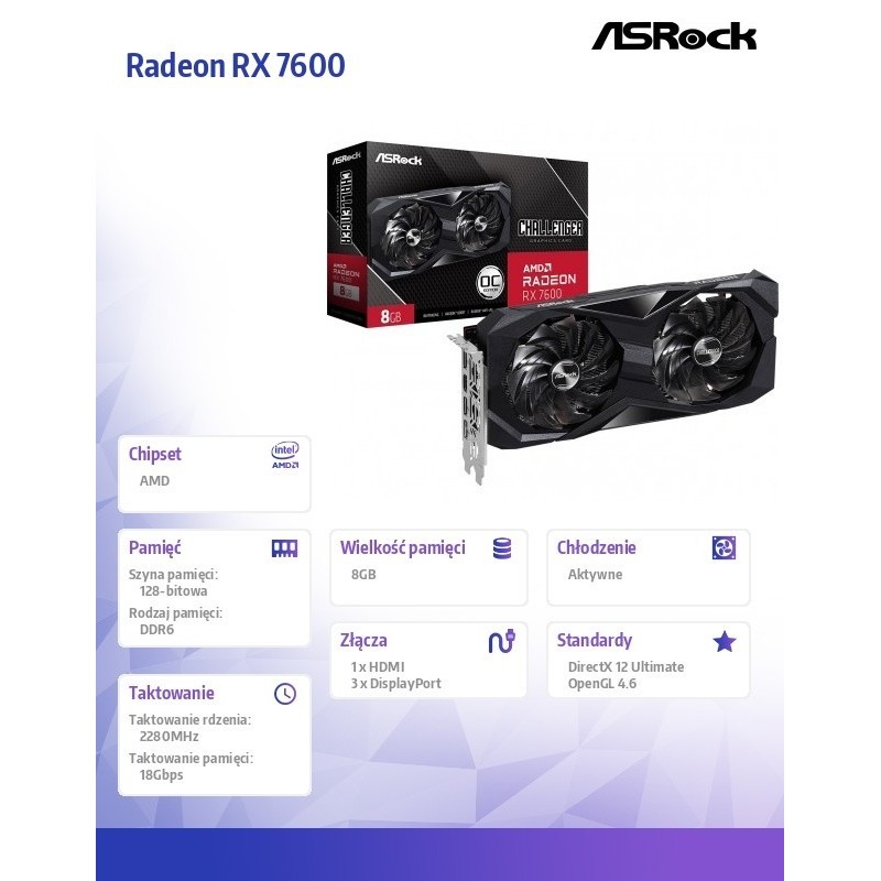 Karta graficzna Radeon RX 7600 Challenger 8G OC GDDR6 128bit