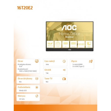 Monitor 16T20E2 15.6 cala IPS Mini HDMI USB-C Głośniki 