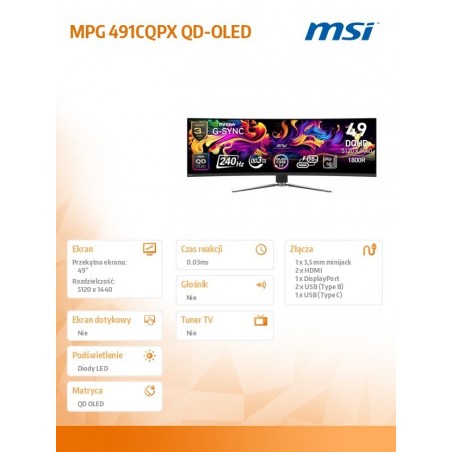 Monitor MPG 491CQPX QD-OLED LED/QD-LED/Zakrzywiony/240Hz/49 cali/Czarny