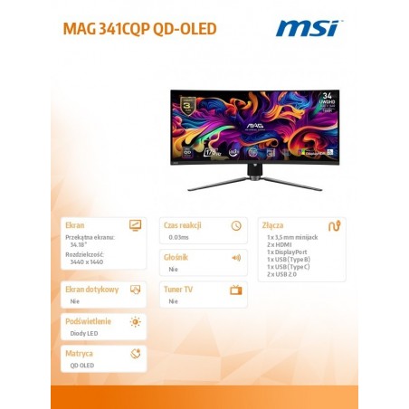 Monitor MAG 341CQP QD-OLED 34 cale/QD-LED/UWQHD/Zakrzywiony/175Hz/Czarny