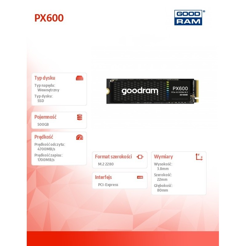 Dysk SSD PX600 500GB M.2 PCIe 4x4 NVMe 2280 Dysk SSD PX600 500GB M.2 PCIe 4x4 NVMe 2280
