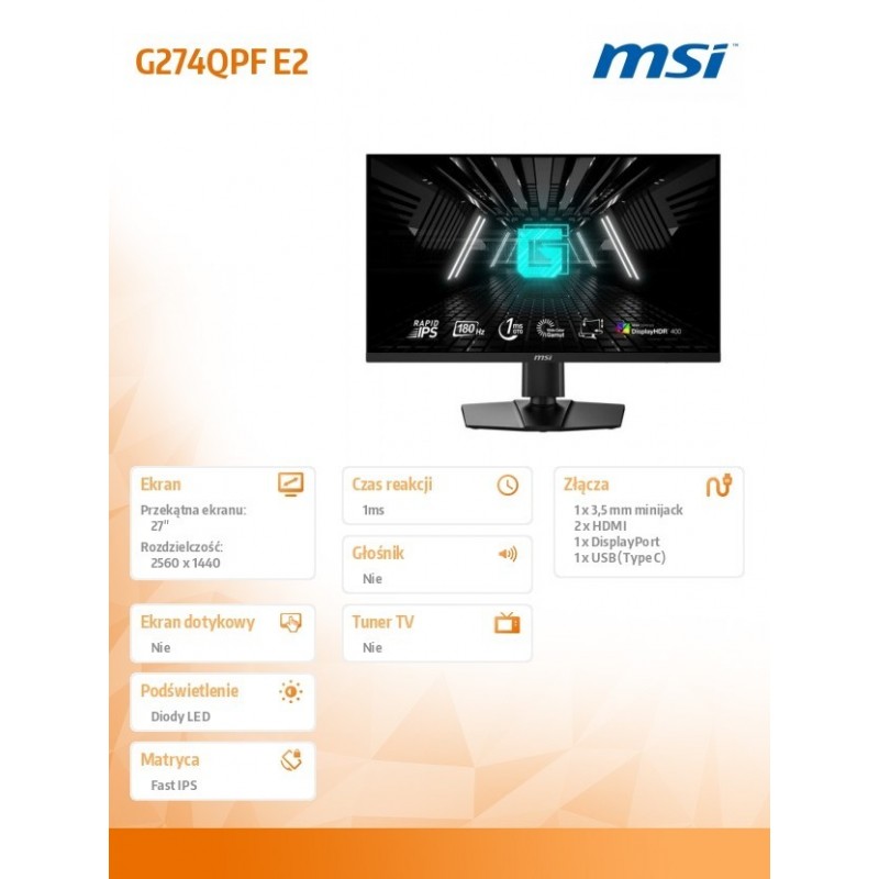 Monitor G274QPF E2 27 cali /LED/QHD/Flat/180Hz/czarny