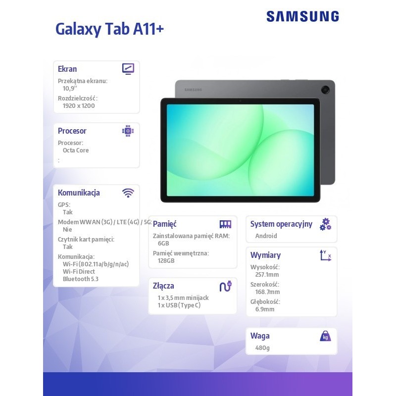 Tablet Galaxy Tab A11+ X230 10.9 cala Wi-Fi 6/128GB Szary