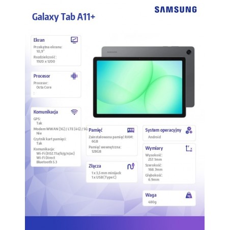 Tablet Galaxy Tab A11+ X230 10.9 cala Wi-Fi 6/128GB Szary