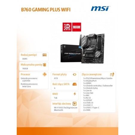 Płyta główna B760 GAMING PLUS WIFI s1700 4DDR5 DP/HDMI ATX Płyta główna B760 GAMING PLUS WIFI s1700 4DDR5 DP/HDMI ATX
