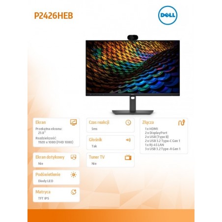 Monitor P2426HEB 23.8 cala IPS FHD (1920x1080)/16:9/HDMI/2xDP/5xUSB/2xUSB-C/RJ45/Camera/Głośniki/3Y