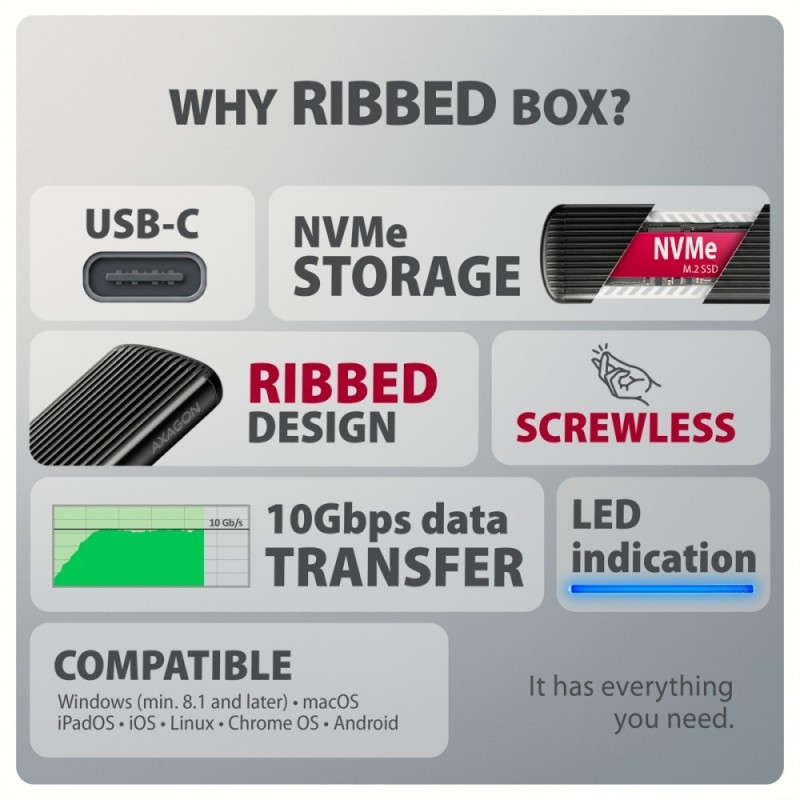 EEM2-SC Obudowa zewnętrzna aluminiowa bezśrubowa USB-C 3.2 Gen 2 10Gbps - M.2 NVMe SSD, długość 30 do 80 mm szary EEM2-SC Obudowa zewnętrzna aluminiowa bezśrubowa USB-C 3.2 Gen 2 10Gbps - M.2 NVMe SSD, długość 30 do 80 mm szary