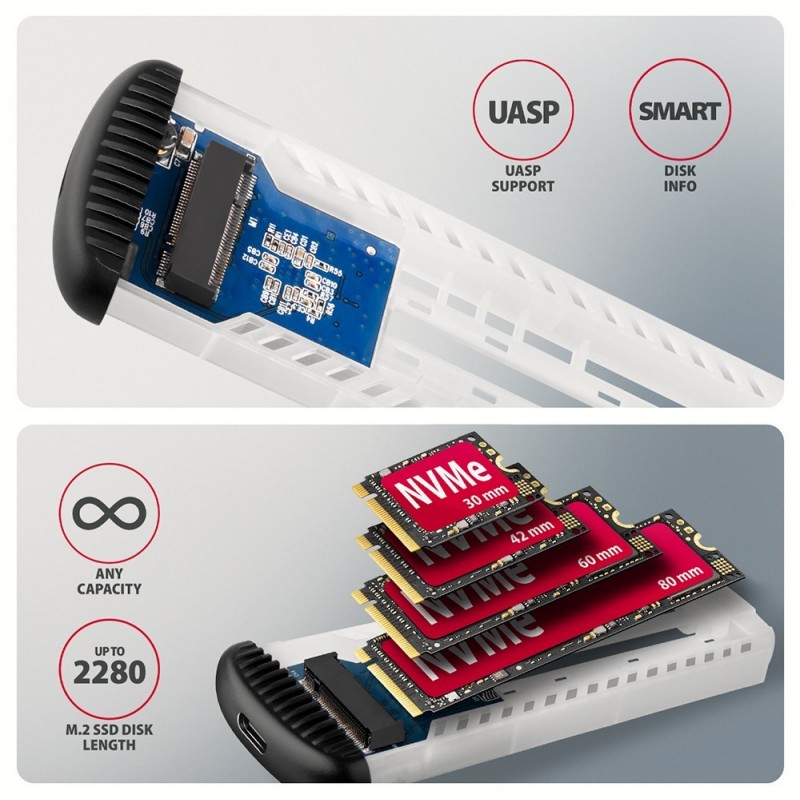 EEM2-SC Obudowa zewnętrzna aluminiowa bezśrubowa USB-C 3.2 Gen 2 10Gbps - M.2 NVMe SSD, długość 30 do 80 mm szary EEM2-SC Obudowa zewnętrzna aluminiowa bezśrubowa USB-C 3.2 Gen 2 10Gbps - M.2 NVMe SSD, długość 30 do 80 mm szary