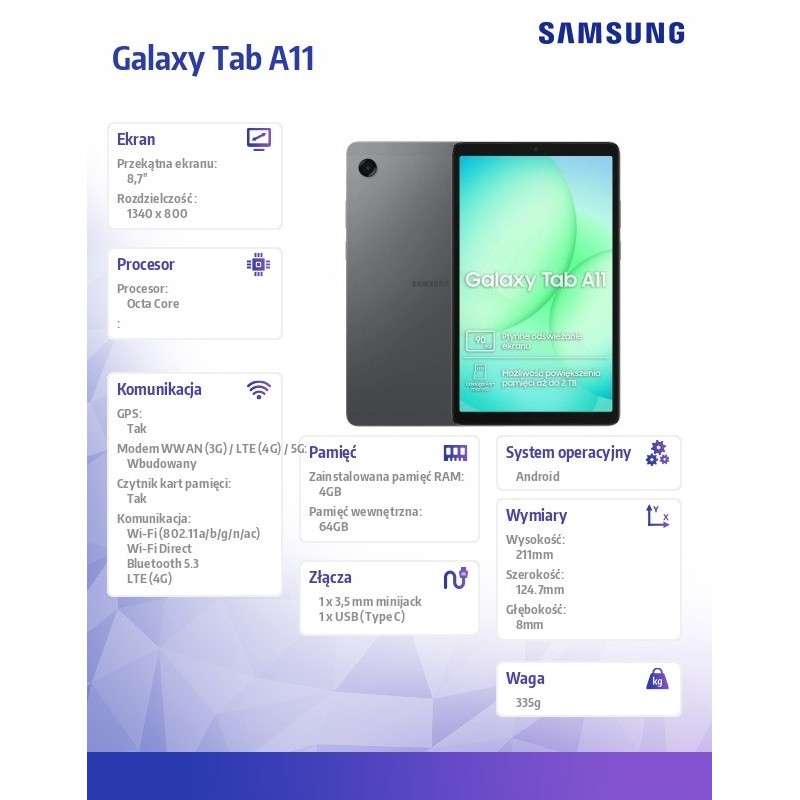 Tablet Galaxy Tab A11 X135 4G 8.7 cala 8/128GB Szary