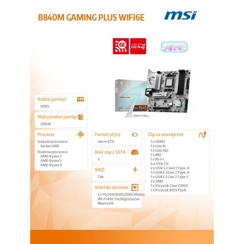 Płyta główna B840M GAMING PLUS WIFI6 am5 4DDR5 mATX 
