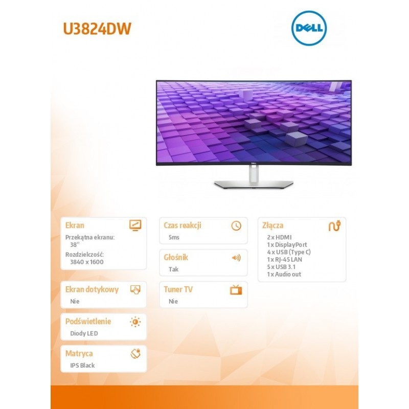 Monitor zakrzywiony 38 cali U3824DW 21:9/3840x1600/3Y PPG  Monitor zakrzywiony 38 cali U3824DW 21:9/3840x1600/3Y PPG