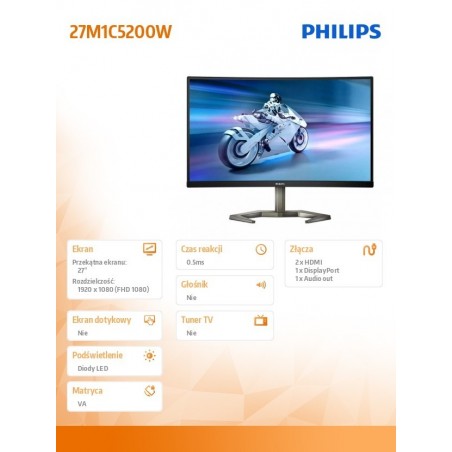 Monitor Philips Evnia 27M1C5200W Curved VA 27 cali 240Hz HDMIx2 DP HAS Monitor Philips Evnia 27M1C5200W Curved VA 27 cali 240Hz HDMIx2 DP HAS