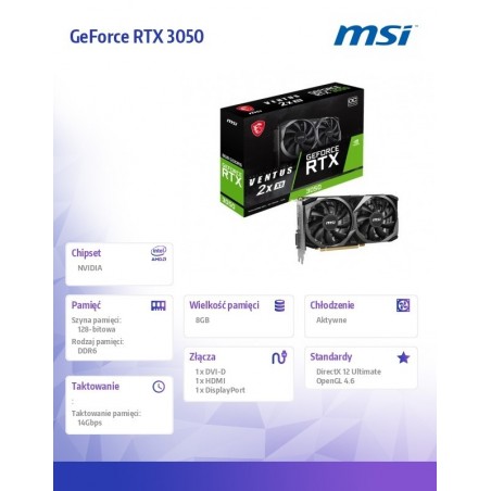 Karta graficzna GeForce RTX 3050 Ventus 2X XS 8G OC GDDR6 128bit HDMI Karta graficzna GeForce RTX 3050 Ventus 2X XS 8G OC GDDR6 128bit HDMI