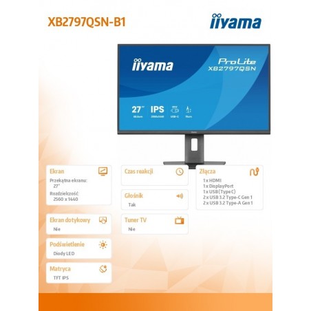 Monitor 27 cali XB2797QSN-B1 IPS/3.7 megapixel QHD, HAS150/ 350cd/1ms/HDMI/Displayport, USBC DOCK 65W, 4USB HUB, RJ45