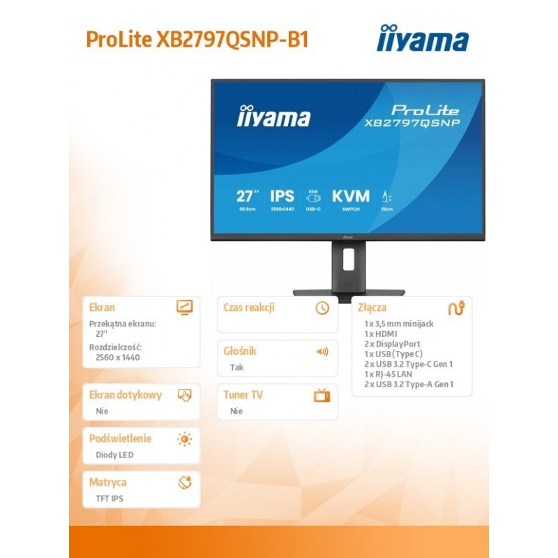 Monitor  27 cali XB2797QSNP-B1 IPS,QHD,USB-c Dock 96W,HDMI, 350cd,1ms, DP, DisplayPort x1 (Daisy Chain MST max. 2560 x1440), USB