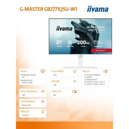 Monitor  27 cali GB2771QSU-W1 QHD,Fast IPS,200Hz,HAS (150) PIVOT,     2xUSB 3.2, 2xUSB C, 0,5ms, 2xHDMI, DP, 350cd,Adaptive G-SY