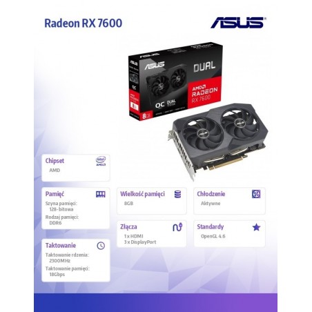 Karta graficzna Radeon RX 7600 V2 Dual OC 8GB GDDR6 128bit 3DP/HDMI Karta graficzna Radeon RX 7600 V2 Dual OC 8GB GDDR6 128bit 3DP/HDMI