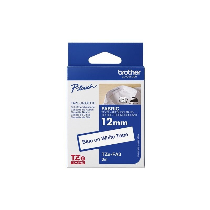 BROTHER TZEFA3 Tape Brother 12mm BLUE ON white fabric