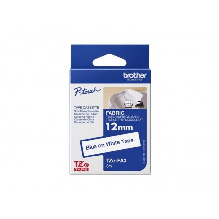 BROTHER TZEFA3 Tape Brother 12mm BLUE ON white fabric