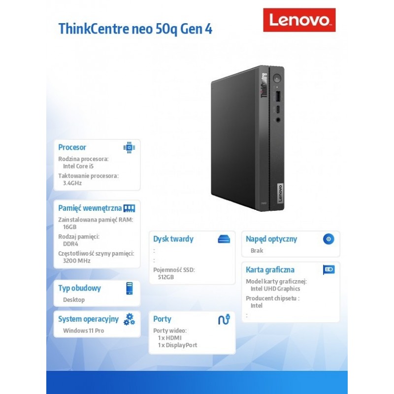 Komputer ThinkCentre Neo 50q Tiny 12LN001YPB W11Pro i5-13420H/16GB/512GB/INT/3YRS OS 