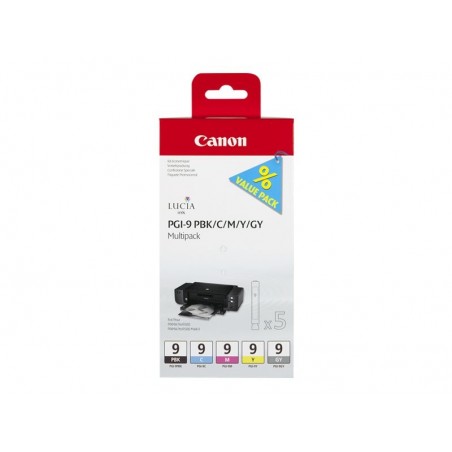 CANON 1LB PGI-9 PBK C M Y GY ink cartridge black and four colour standard capacity combopack blister with alarm