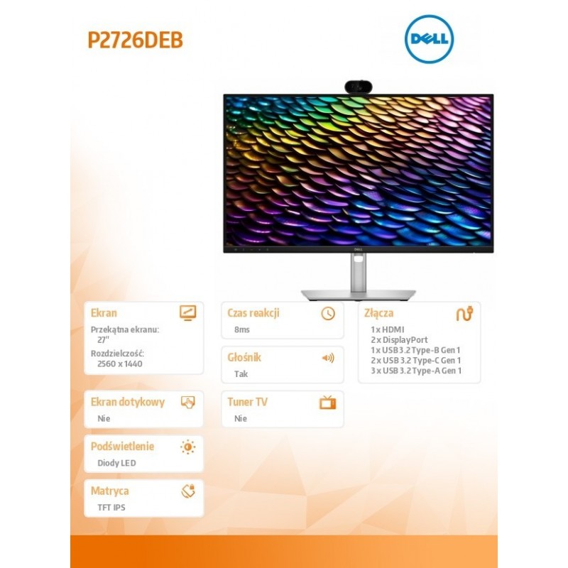 Monitor P2726DEB 27 cali IPS QHD (2560x1440)/16:9/HDMI/2xDP/4xUSB/2xUSB-C/Camera/Speakers/3Y 