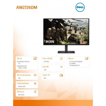 Monitor gamingowy Alienware AW2726DM 27 cali IPS QHD/16:9/DP/HDMI/3Y