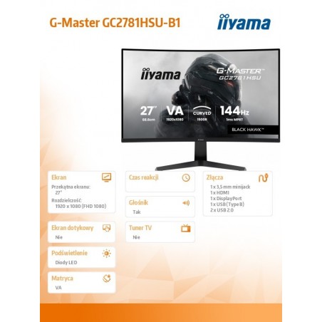 Monitor 27 cali GC2781HSU-B1 VA, FHD, 144Hz, 1ms, 2xUSB, 1500R, 350 cd, 4000:1, HDMI, DP, FreeSync -1920x1080 (48-144Hz), 2x2W