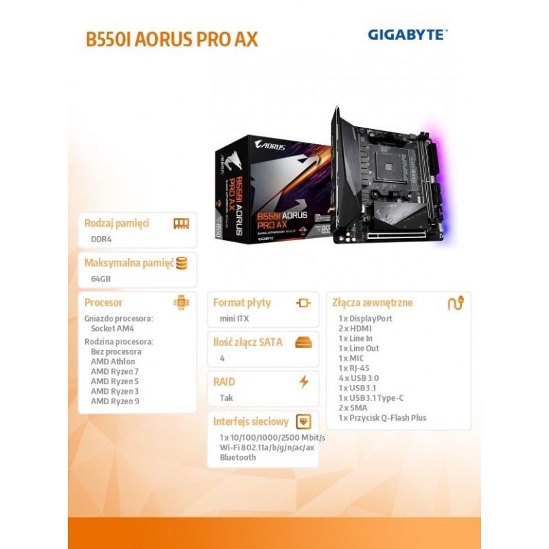 Płyta główna B550I AORUS PRO AX AM4 2DDR4 HDMI/DP mITX 